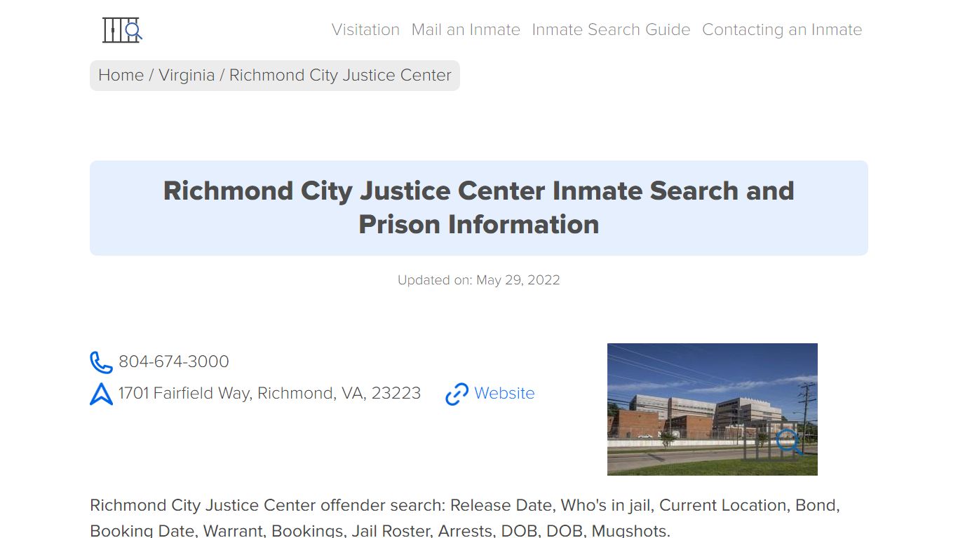 Richmond City Justice Center Inmate Search, Visitation ...